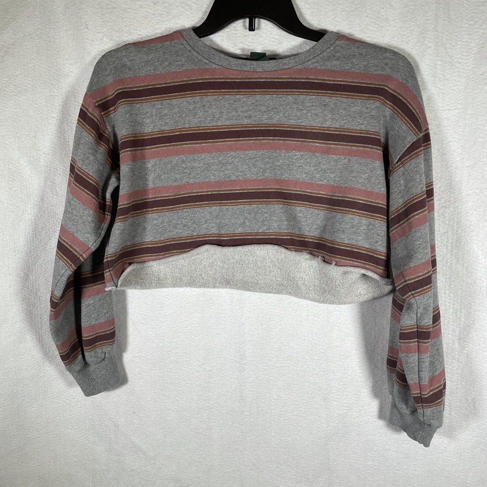 Wild Fable Puff Long Sleeve Cropped Sweatshirt Gray, Mauve, Wine Stripe XS